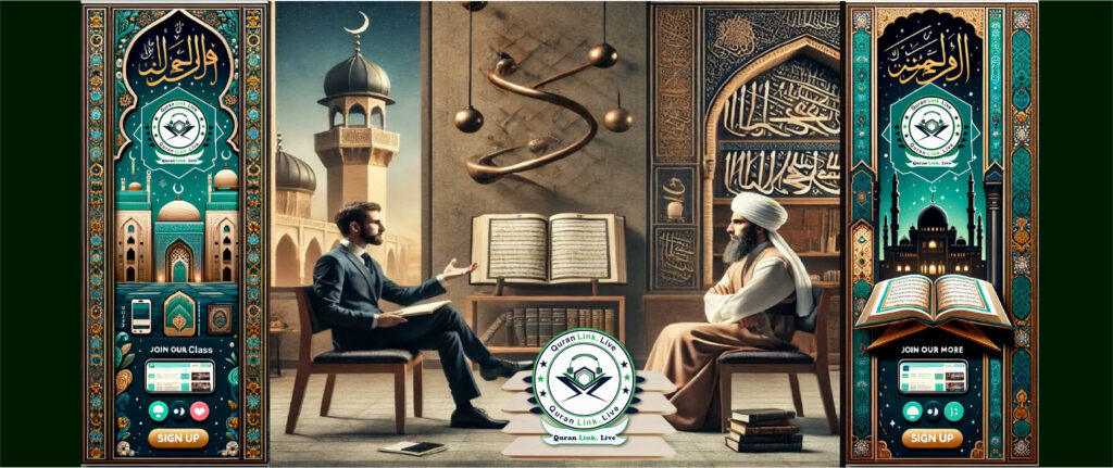 Two men sitting on chairs, talking about online Quran lessons .